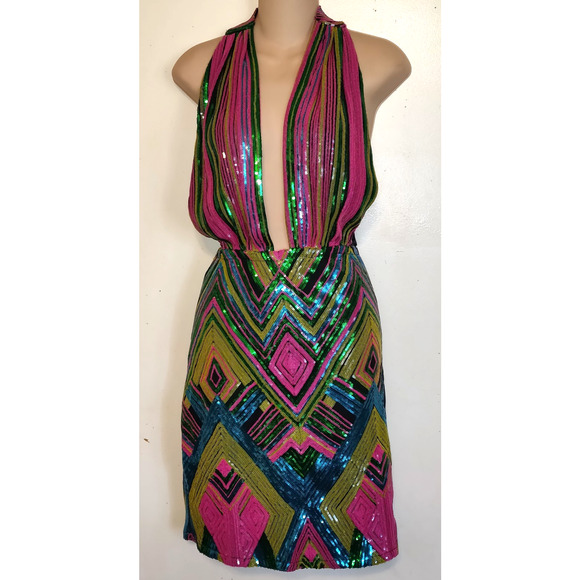 Fashion Nova Dresses & Skirts - Sexy Multicolor Sequin Mini Dress Plunging Halter 1XL Open Back Retro Club Party